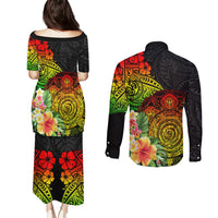 Polynesia Victory Day Couples Matching Puletasi and Long Sleeve Button Shirt Tribal Turtle and Hibiscus LT03 - Polynesian Pride