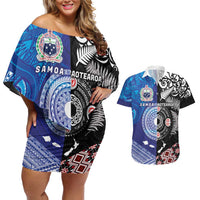 Samoa and Aotearoa Together Couples Matching Off Shoulder Short Dress and Hawaiian Shirt Tatau Art Tattoos-Taniko and Maori with Fern