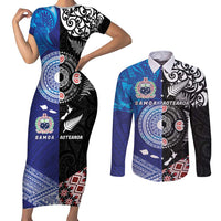 Samoa and Aotearoa Together Couples Matching Short Sleeve Bodycon Dress and Long Sleeve Button Shirt Tatau Art Tattoos-Taniko and Maori with Fern
