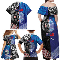 Samoa and Aotearoa Together Family Matching Off Shoulder Maxi Dress and Hawaiian Shirt Tatau Art Tattoos-Taniko and Maori with Fern LT03 - Polynesian Pride