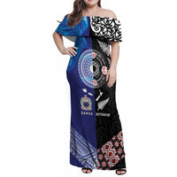 Samoa and Aotearoa Together Family Matching Off Shoulder Maxi Dress and Hawaiian Shirt Tatau Art Tattoos-Taniko and Maori with Fern LT03 Mom's Dress Black - Polynesian Pride