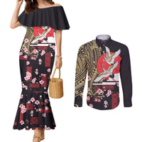 Japanese Culture and Hawaiian Tribal Couples Matching Mermaid Dress and Long Sleeve Button Shirt Sakura Blossom Tapa Pattern LT03 Black - Polynesian Pride