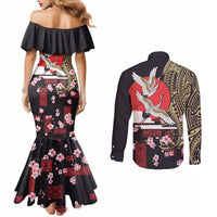 Japanese Culture and Hawaiian Tribal Couples Matching Mermaid Dress and Long Sleeve Button Shirt Sakura Blossom Tapa Pattern LT03 - Polynesian Pride
