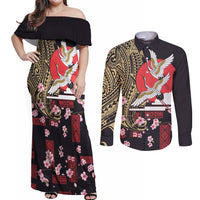 Japanese Culture and Hawaiian Tribal Couples Matching Off Shoulder Maxi Dress and Long Sleeve Button Shirt Sakura Blossom Tapa Pattern