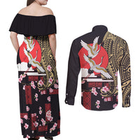 Japanese Culture and Hawaiian Tribal Couples Matching Off Shoulder Maxi Dress and Long Sleeve Button Shirt Sakura Blossom Tapa Pattern