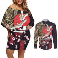 Japanese Culture and Hawaiian Tribal Couples Matching Off Shoulder Short Dress and Long Sleeve Button Shirt Sakura Blossom Tapa Pattern LT03 Black - Polynesian Pride