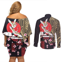 Japanese Culture and Hawaiian Tribal Couples Matching Off Shoulder Short Dress and Long Sleeve Button Shirt Sakura Blossom Tapa Pattern LT03 - Polynesian Pride