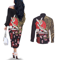 Japanese Culture and Hawaiian Tribal Couples Matching Off The Shoulder Long Sleeve Dress and Long Sleeve Button Shirt Sakura Blossom Tapa Pattern LT03 - Polynesian Pride