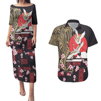 Japanese Culture and Hawaiian Tribal Couples Matching Puletasi and Hawaiian Shirt Sakura Blossom Tapa Pattern LT03 Black - Polynesian Pride