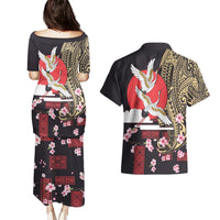 Japanese Culture and Hawaiian Tribal Couples Matching Puletasi and Hawaiian Shirt Sakura Blossom Tapa Pattern LT03 - Polynesian Pride