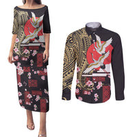 Japanese Culture and Hawaiian Tribal Couples Matching Puletasi and Long Sleeve Button Shirt Sakura Blossom Tapa Pattern LT03 Black - Polynesian Pride