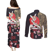 Japanese Culture and Hawaiian Tribal Couples Matching Puletasi and Long Sleeve Button Shirt Sakura Blossom Tapa Pattern LT03 - Polynesian Pride