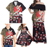 Japanese Culture and Hawaiian Tribal Family Matching Off Shoulder Maxi Dress and Hawaiian Shirt Sakura Blossom Tapa Pattern LT03 - Polynesian Pride