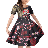 Japanese Culture and Hawaiian Tribal Family Matching Summer Maxi Dress and Hawaiian Shirt Sakura Blossom Tapa Pattern LT03 Daughter's Dress Black - Polynesian Pride