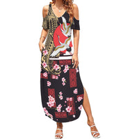 Japanese Culture and Hawaiian Tribal Family Matching Summer Maxi Dress and Hawaiian Shirt Sakura Blossom Tapa Pattern LT03 Mom's Dress Black - Polynesian Pride