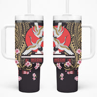 Japanese Culture and Hawaiian Tribal Tumbler With Handle Sakura Blossom Tapa Pattern