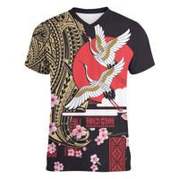 Japanese Culture and Hawaiian Tribal Women V-Neck T-Shirt Sakura Blossom Tapa Pattern