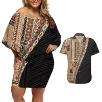 Samoa Siapo Motif Half Style Couples Matching Off Shoulder Short Dress and Hawaiian Shirt Brown Version LT03 Brown - Polynesian Pride