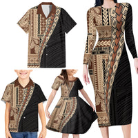 Samoa Siapo Motif Half Style Family Matching Long Sleeve Bodycon Dress and Hawaiian Shirt Brown Version