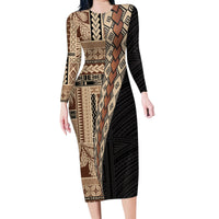 Samoa Siapo Motif Half Style Family Matching Long Sleeve Bodycon Dress and Hawaiian Shirt Brown Version
