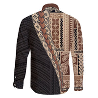Samoa Siapo Motif Half Style Family Matching Off Shoulder Maxi Dress and Hawaiian Shirt Brown Version