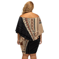 Samoa Siapo Motif Half Style Off Shoulder Short Dress Brown Version LT03 - Polynesian Pride