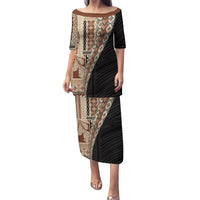Samoa Siapo Motif Half Style Puletasi Brown Version LT03 Long Dress Brown - Polynesian Pride