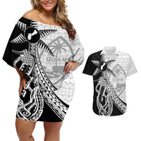 Guam Fish Hook and Palm Tree Couples Matching Off Shoulder Short Dress and Hawaiian Shirt Polynesian Pattern Half Style LT03 White - Polynesian Pride