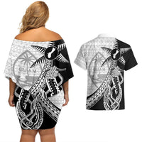 Guam Fish Hook and Palm Tree Couples Matching Off Shoulder Short Dress and Hawaiian Shirt Polynesian Pattern Half Style LT03 - Polynesian Pride