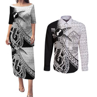 Guam Fish Hook and Palm Tree Couples Matching Puletasi and Long Sleeve Button Shirt Polynesian Pattern Half Style LT03 White - Polynesian Pride
