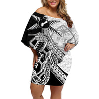 Guam Fish Hook and Palm Tree Off Shoulder Short Dress Polynesian Pattern Half Style LT03 Women White - Polynesian Pride