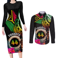 Personalised Vanuatu 44th Anniversary Couples Matching Long Sleeve Bodycon Dress and Long Sleeve Button Shirt Boars Tusk and Melanesian Warrior Indipendens Dei