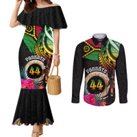 Personalised Vanuatu 44th Anniversary Couples Matching Mermaid Dress and Long Sleeve Button Shirt Boars Tusk and Melanesian Warrior Indipendens Dei LT03 Black - Polynesian Pride