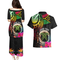 Personalised Vanuatu 44th Anniversary Couples Matching Puletasi and Hawaiian Shirt Boars Tusk and Melanesian Warrior Indipendens Dei