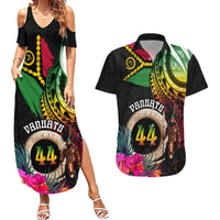Personalised Vanuatu 44th Anniversary Couples Matching Summer Maxi Dress and Hawaiian Shirt Boars Tusk and Melanesian Warrior Indipendens Dei LT03 Black - Polynesian Pride
