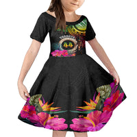Personalised Vanuatu 44th Anniversary Family Matching Off The Shoulder Long Sleeve Dress and Hawaiian Shirt Boars Tusk and Melanesian Warrior Indipendens Dei LT03 Daughter's Dress Black - Polynesian Pride