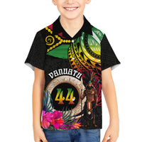 Personalised Vanuatu 44th Anniversary Family Matching Off Shoulder Maxi Dress and Hawaiian Shirt Boars Tusk and Melanesian Warrior Indipendens Dei