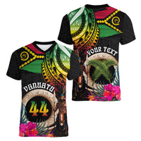 Personalised Vanuatu 44th Anniversary Women V-Neck T-Shirt Boars Tusk and Melanesian Warrior Indipendens Dei