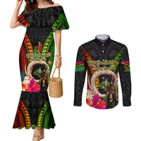 Vanuatu Independence Day Couples Matching Mermaid Dress and Long Sleeve Button Shirt Boars Tusk and Melanesian Warrior Indipendens Dei