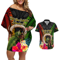 Vanuatu Independence Day Couples Matching Off Shoulder Short Dress and Hawaiian Shirt Boars Tusk and Melanesian Warrior Indipendens Dei LT03 Black - Polynesian Pride