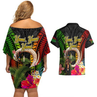 Vanuatu Independence Day Couples Matching Off Shoulder Short Dress and Hawaiian Shirt Boars Tusk and Melanesian Warrior Indipendens Dei LT03 - Polynesian Pride