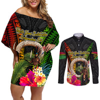 Vanuatu Independence Day Couples Matching Off Shoulder Short Dress and Long Sleeve Button Shirt Boars Tusk and Melanesian Warrior Indipendens Dei