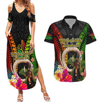 Vanuatu Independence Day Couples Matching Summer Maxi Dress and Hawaiian Shirt Boars Tusk and Melanesian Warrior Indipendens Dei LT03 Black - Polynesian Pride