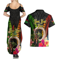 Vanuatu Independence Day Couples Matching Summer Maxi Dress and Hawaiian Shirt Boars Tusk and Melanesian Warrior Indipendens Dei LT03 - Polynesian Pride