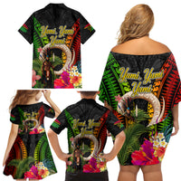 Vanuatu Independence Day Family Matching Off Shoulder Short Dress and Hawaiian Shirt Boars Tusk and Melanesian Warrior Indipendens Dei LT03 - Polynesian Pride