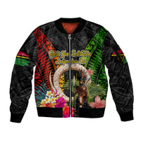 Vanuatu Independence Day Sleeve Zip Bomber Jacket Boars Tusk and Melanesian Warrior Indipendens Dei