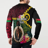 Vanuatu Indipendens Dei Button Sweatshirt Boars Tusk and Melanesian Warrior Hibiscus