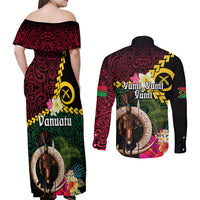 Vanuatu Indipendens Dei Couples Matching Off Shoulder Maxi Dress and Long Sleeve Button Shirt Boars Tusk and Melanesian Warrior Hibiscus