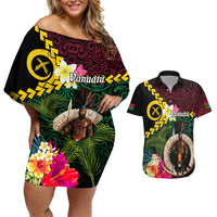 Vanuatu Indipendens Dei Couples Matching Off Shoulder Short Dress and Hawaiian Shirt Boars Tusk and Melanesian Warrior Hibiscus