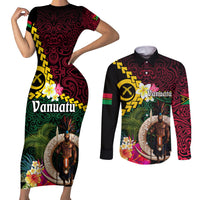 Vanuatu Indipendens Dei Couples Matching Short Sleeve Bodycon Dress and Long Sleeve Button Shirt Boars Tusk and Melanesian Warrior Hibiscus